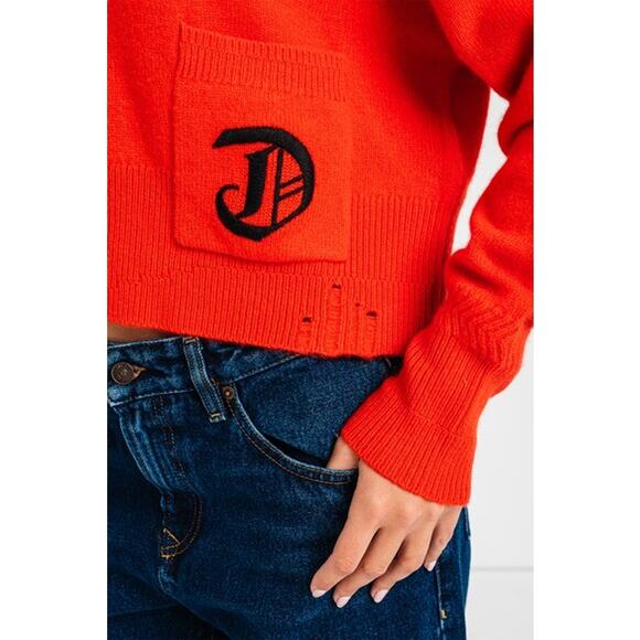 EUC Diesel Red Cropped Wool Cashmere Sweater Distressed Hem Logo Pocket Sz Small - Picture 2 of 16